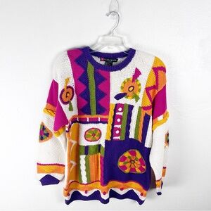 I.B. DIFFUSION Multicolored Graphic Prints Long Sleeves Knit Sweater Size Medium